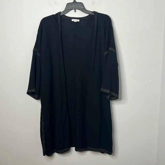 Garnet Hill Black Wool Metallic Hem Open Cardigan - Picture 1 of 6
